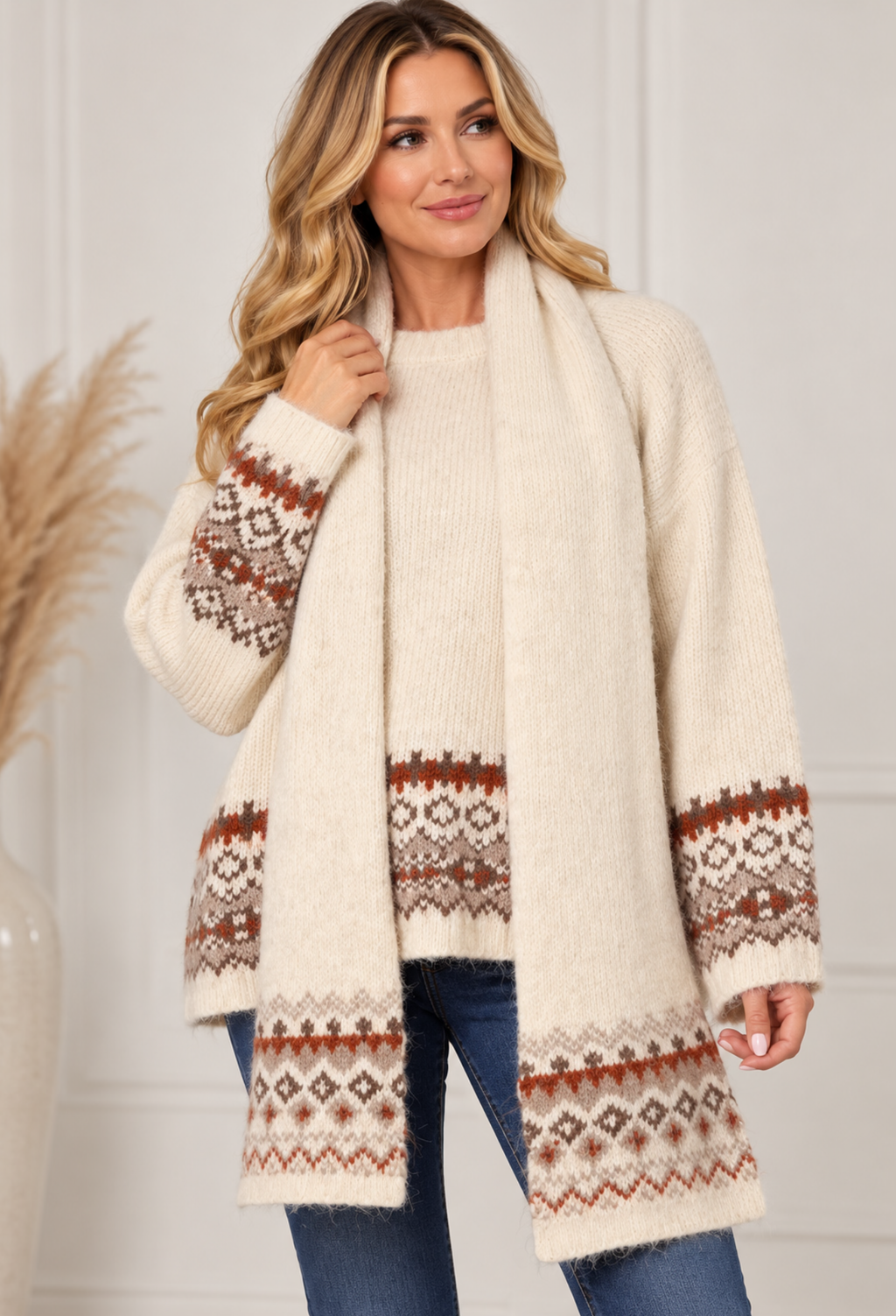 Fair Isle Jumper & Scarf Set – One Size 8–16 🤎✨