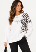 Relaxed-fit studded leopard star jumper with bold leopard-print panel and stud detailing
