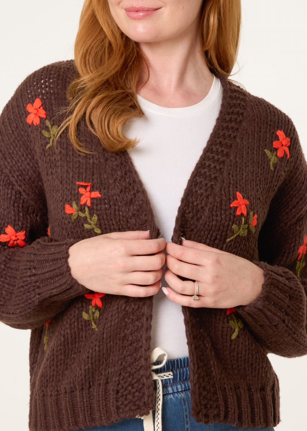 Floral Embroidered Chunky Knit Cardigan – Chocolate Brown