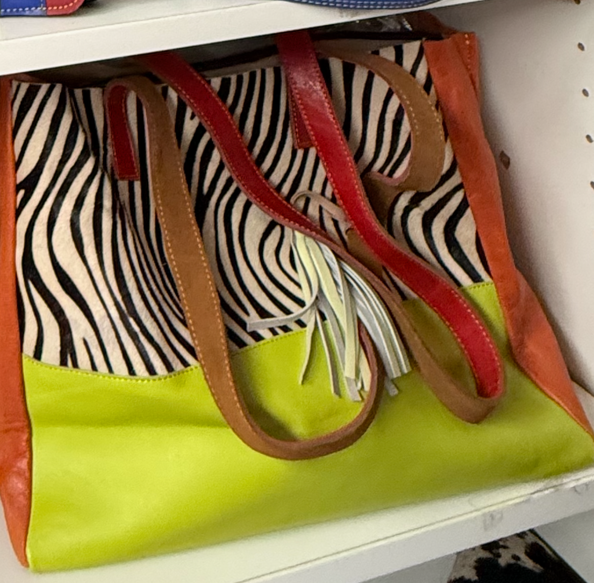 Zebra Print Recycled Leather Large Tote Bag – Lime Multi 🦓💚✨