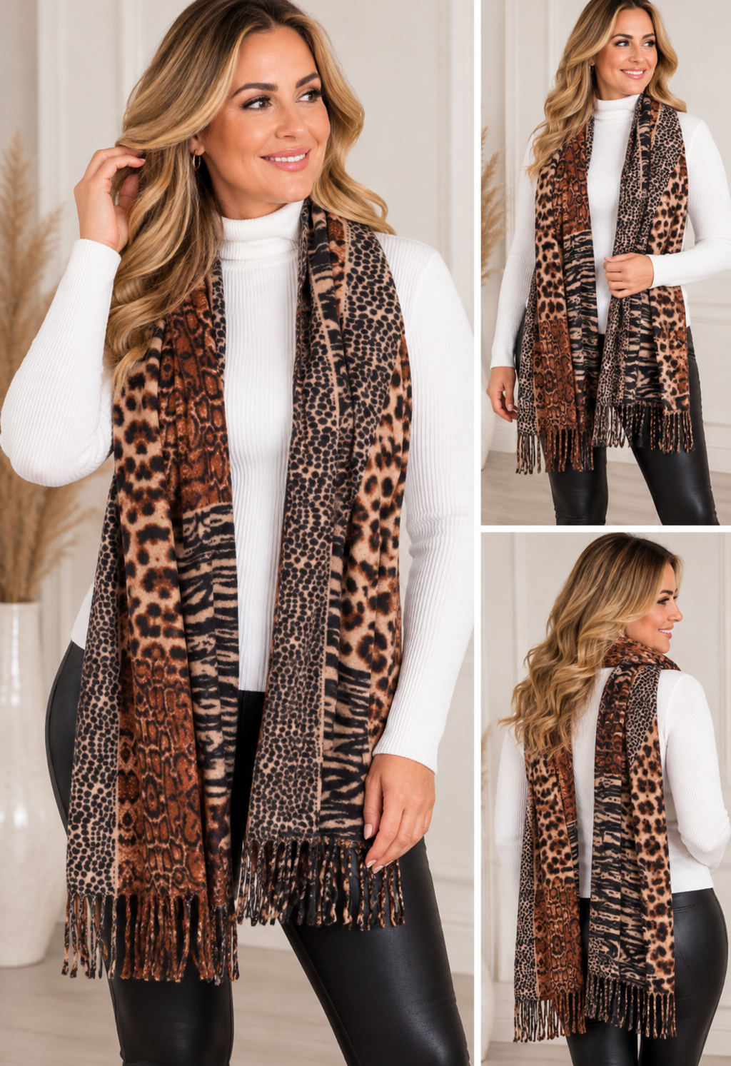 ✨ Mixed Animal Print Fringed Scarf 🐆🤎