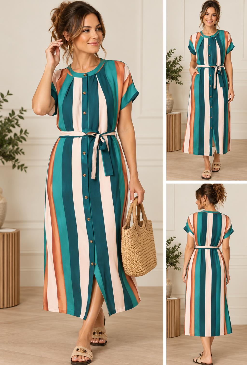 Teal Stripe Tie Waist Midi Dress ✨