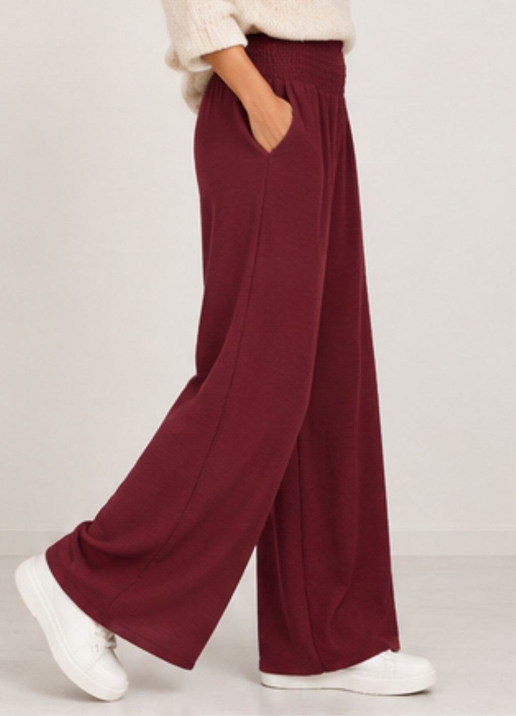 ELASTICATED WAIST POCKETS WIDE LEG TROUSERS