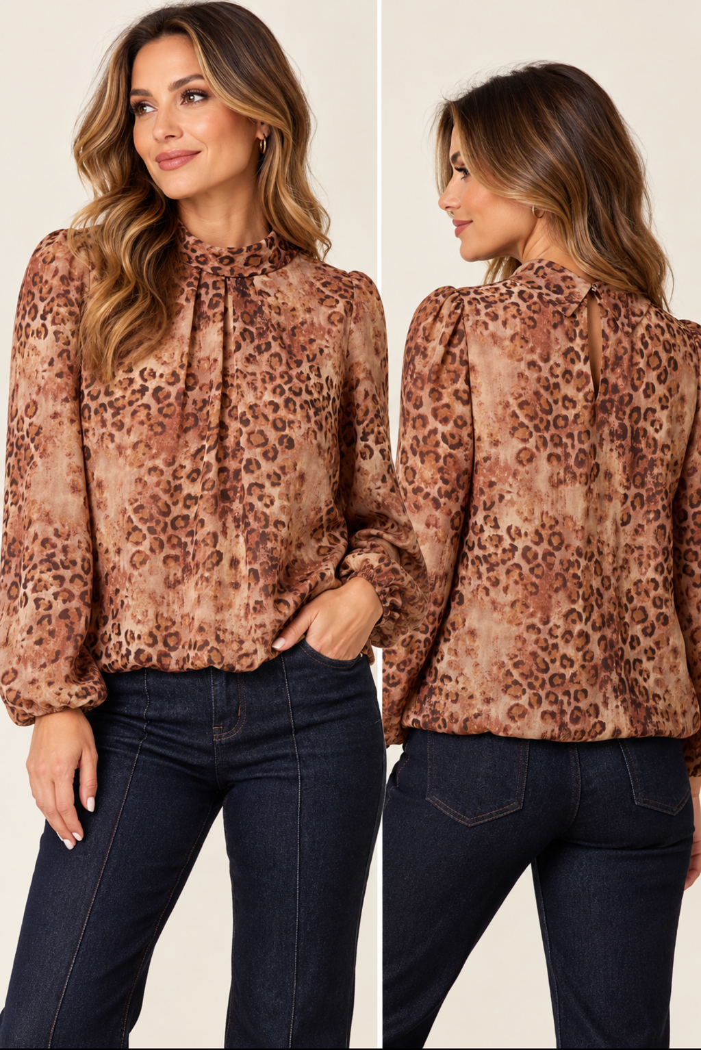Leopard print high neck blouse with pleat detail and long puff sleeves