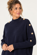 Navy knitted jumper with gold button detailing and ribbed cuffs in a relaxed fit product photo
