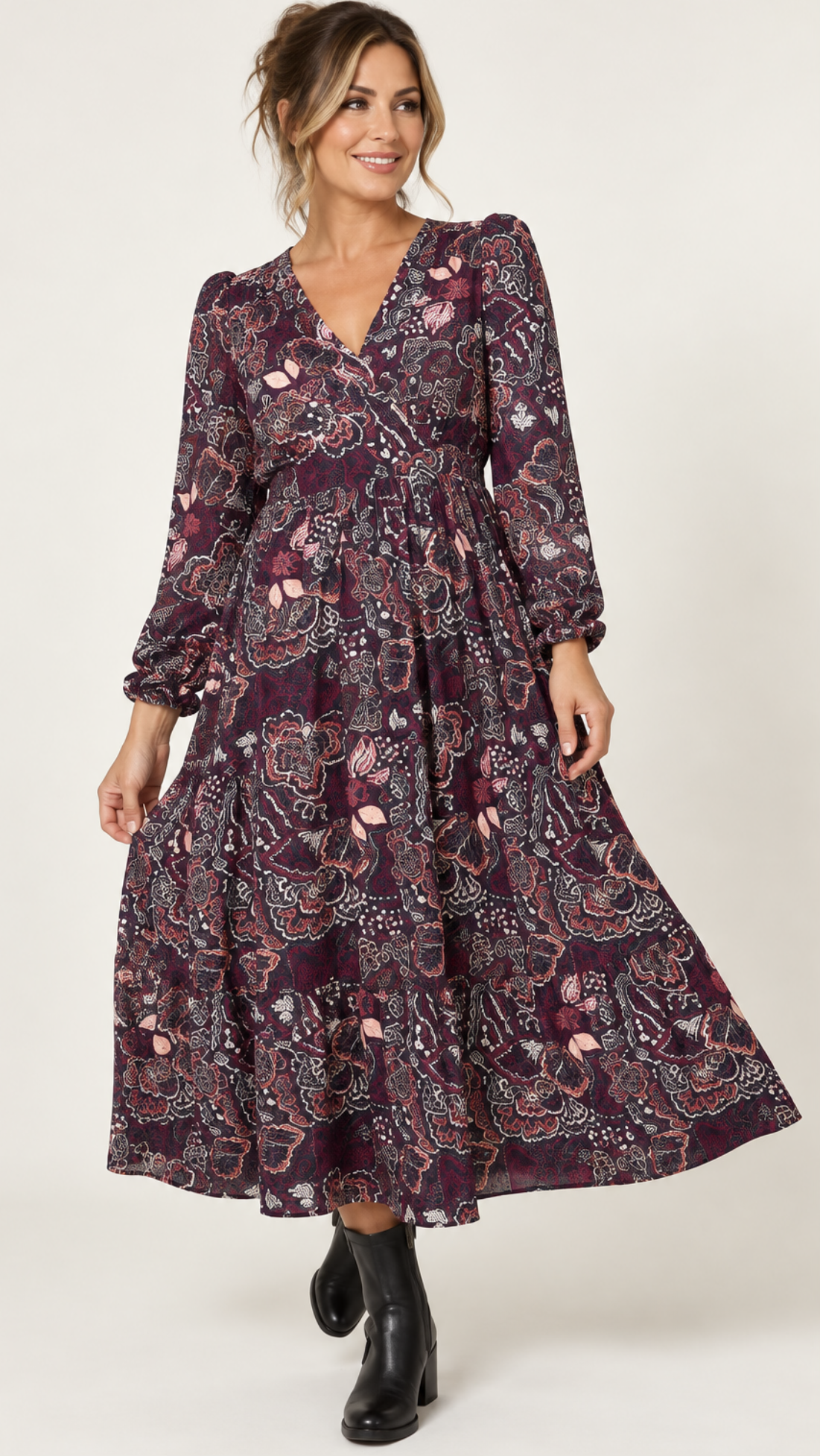 BUTTON FRONT V NECK FLORAL MIDI DRESS