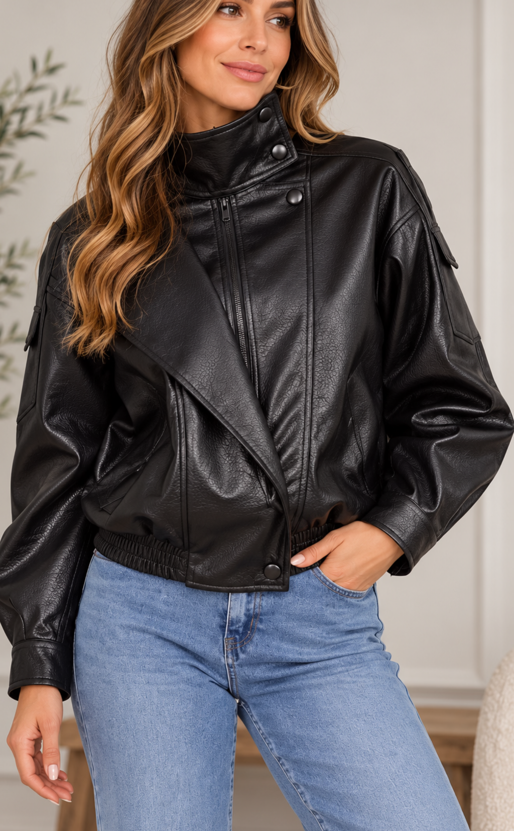 HIGH COLLAR FAUX LEATHER JACKET