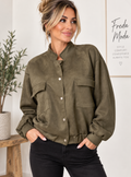 Khaki suede-effect double front pocket bomber jacket with popper fastening, relaxed fit