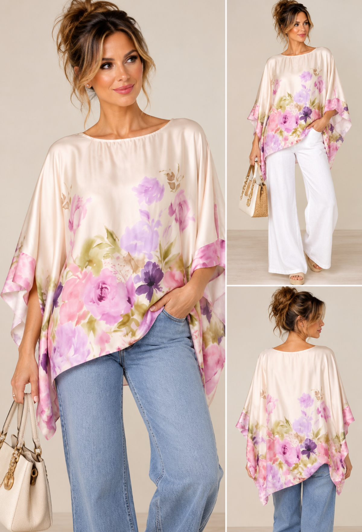 SATIN ASYMMETRIC FLORAL BLOUSE