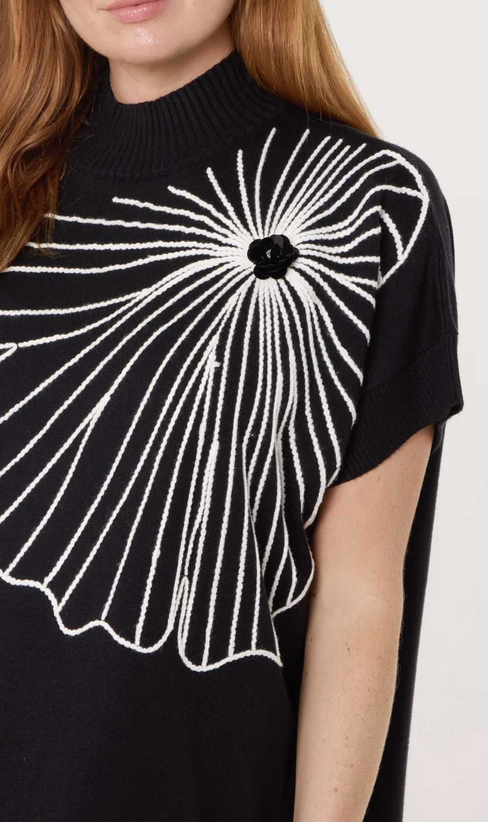 Embroidered Flower High Neck Knit Dress – Black & Ivory 🌼🖤