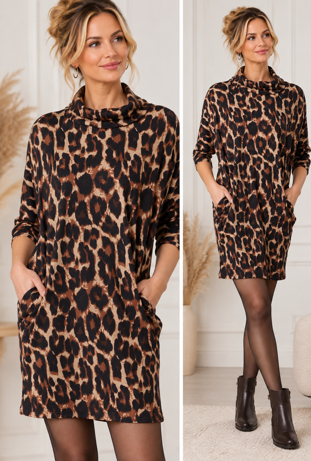 Model wearing a leopard print cowl neck pocket dress in one size
