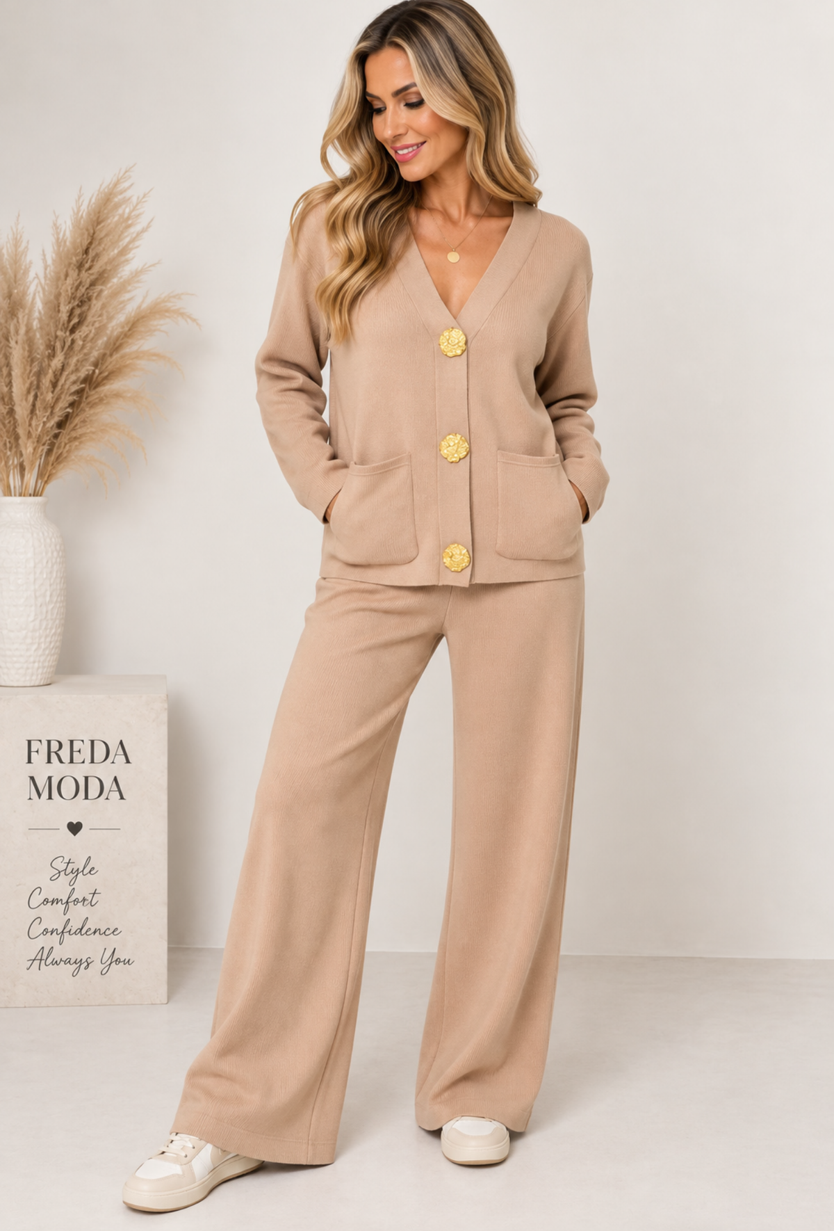 GOLD BUTTON CARDIGAN & TROUSERS KNIT SET