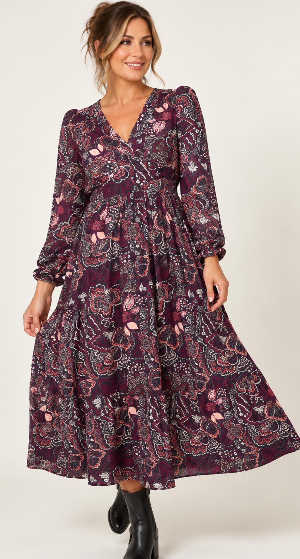 BUTTON FRONT V NECK FLORAL MIDI DRESS