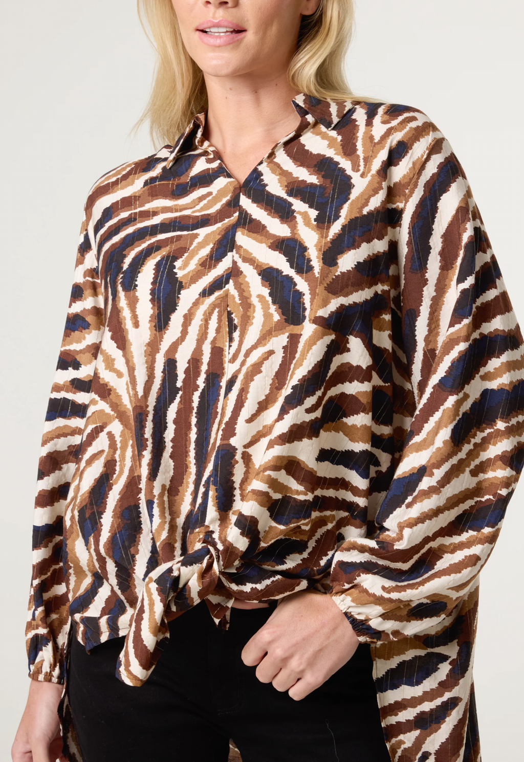 Metallic Zebra Print Front Knot Shirt