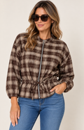 Made in Italy zip-through plaid jacket in chocolate check with drawstring waist, One Size UK 8–16