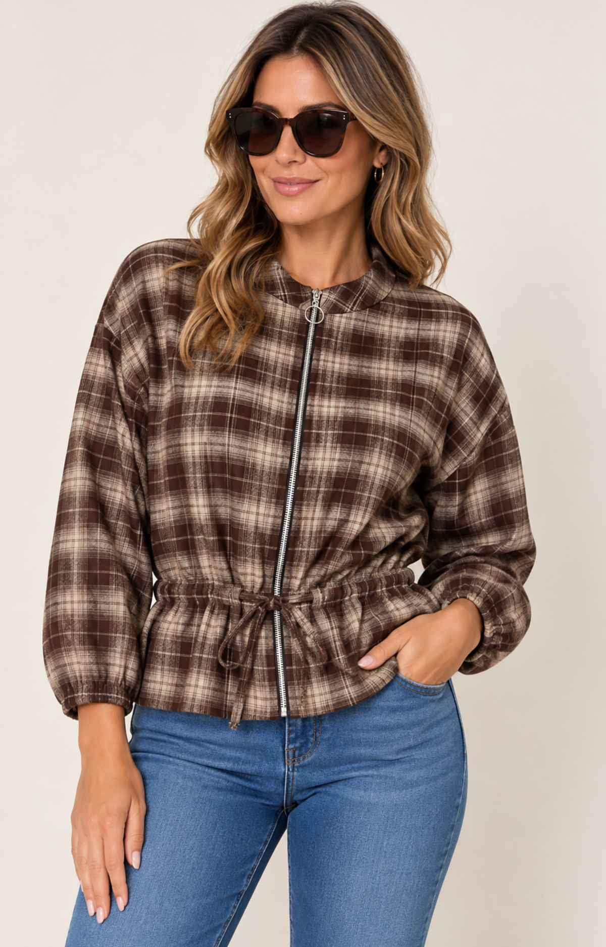 Made in Italy zip-through plaid jacket in chocolate check with drawstring waist, One Size UK 8–16