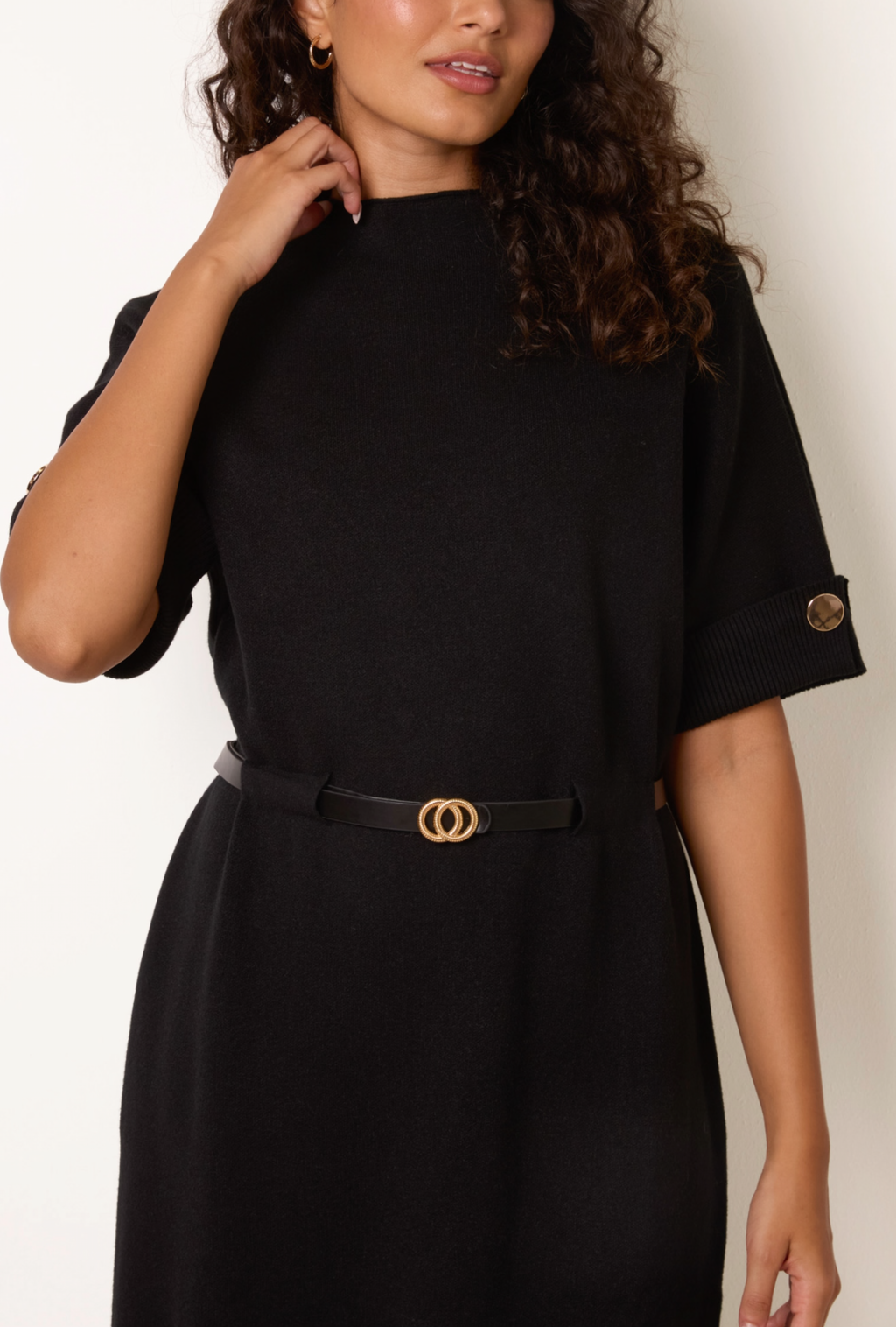 Gold Button Belted Knit Dress ✨