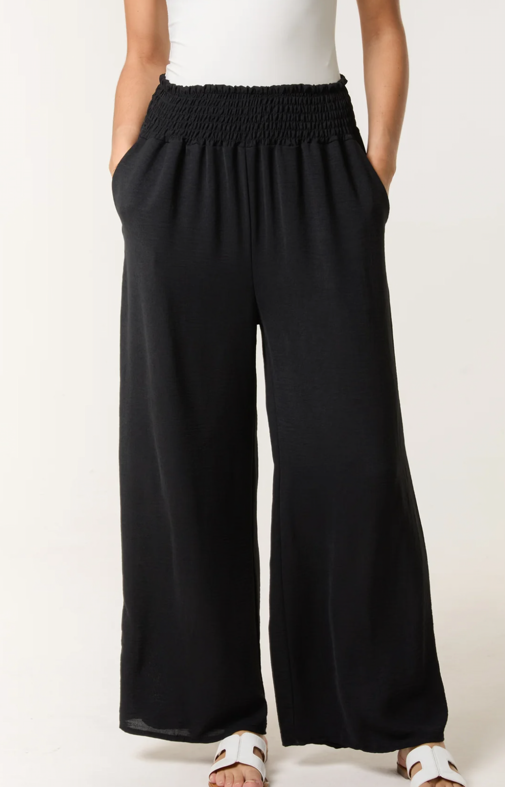 ELASTICATED WAIST POCKETS WIDE LEG TROUSERS