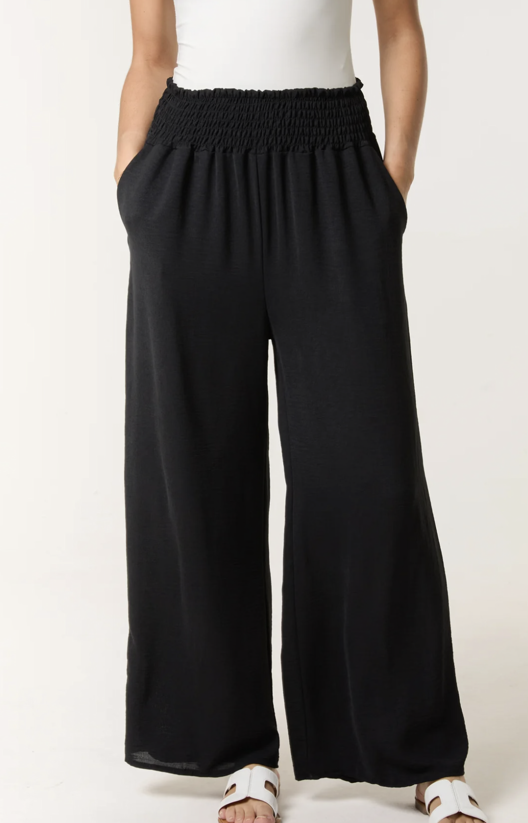 ELASTICATED WAIST POCKETS WIDE LEG TROUSERS