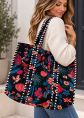 Midnight Garden quilted velvet tote bag with floral and bird print and striped handles in midnight garden style
