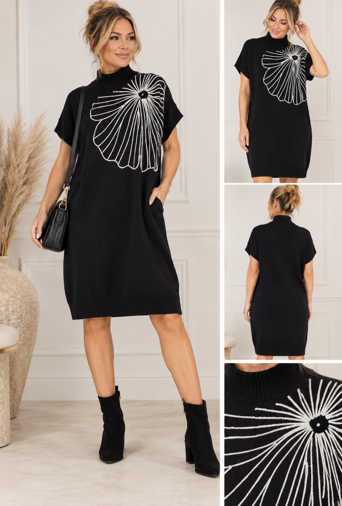 Embroidered Flower High Neck Knit Dress – Black & Ivory 🌼🖤