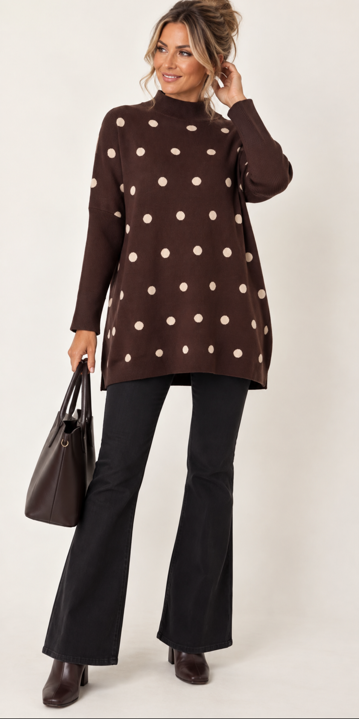 Chocolate polka dot batwing knit jumper with cream dots, cosy high neck relaxed oversized fit