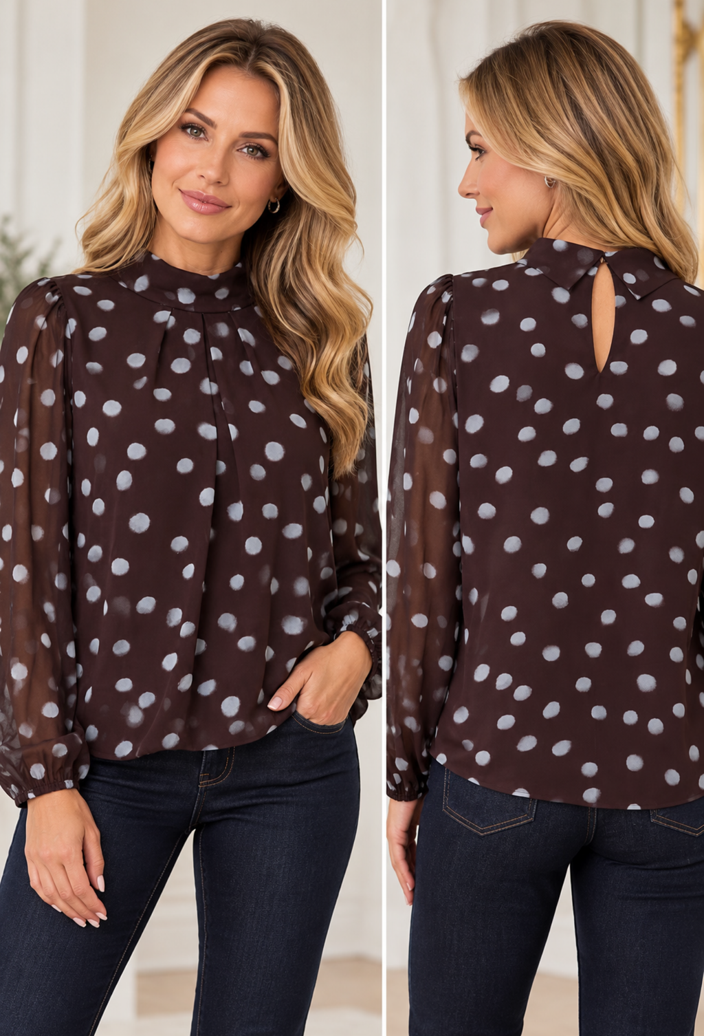 Chocolate polka dot chiffon puff sleeve blouse with elegant high neckline and sheer sleeves