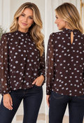 Chocolate polka dot chiffon puff sleeve blouse with elegant high neckline and sheer sleeves