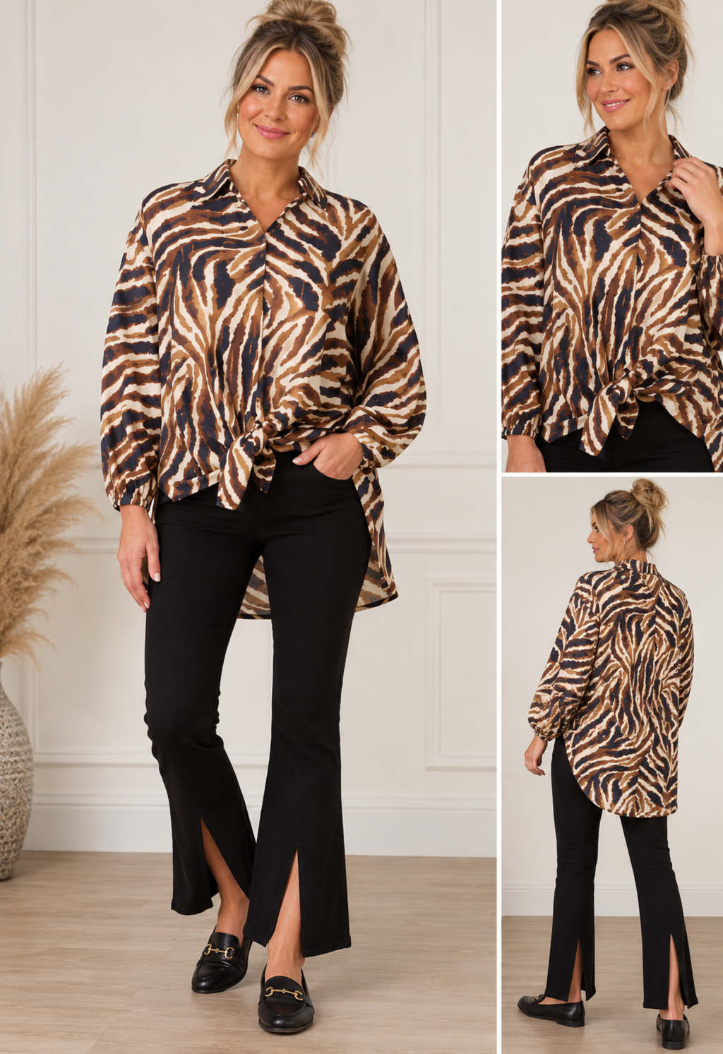 Metallic Zebra Print Front Knot Shirt