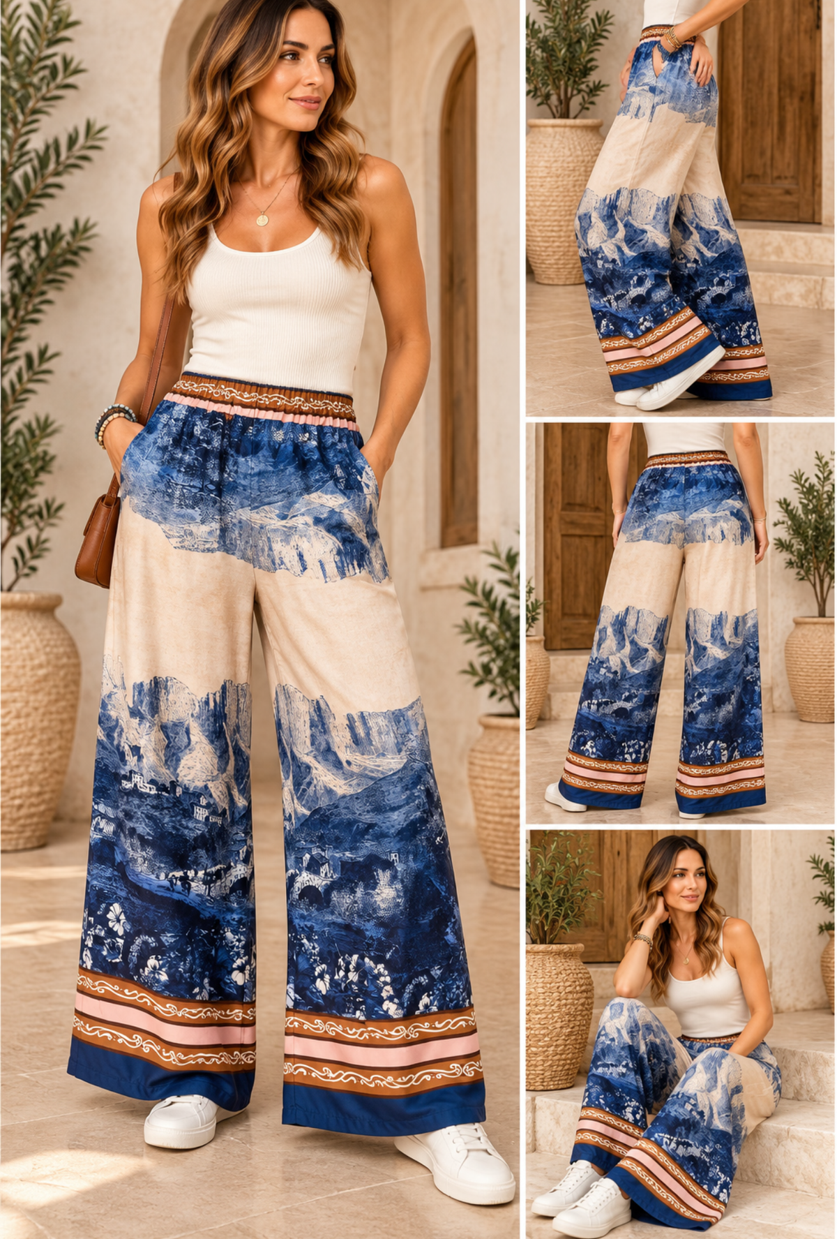 Mountain print border wide-leg trousers with contrasting border detail, elasticated waist and side pockets
