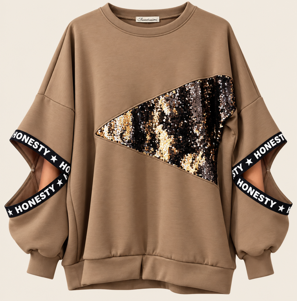 Taupe Sequin Cut-Out Sleeve Sweatshirt ✨🤎