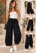 Corduroy elasticated waist wide-leg trousers with side pockets, relaxed fit, one size