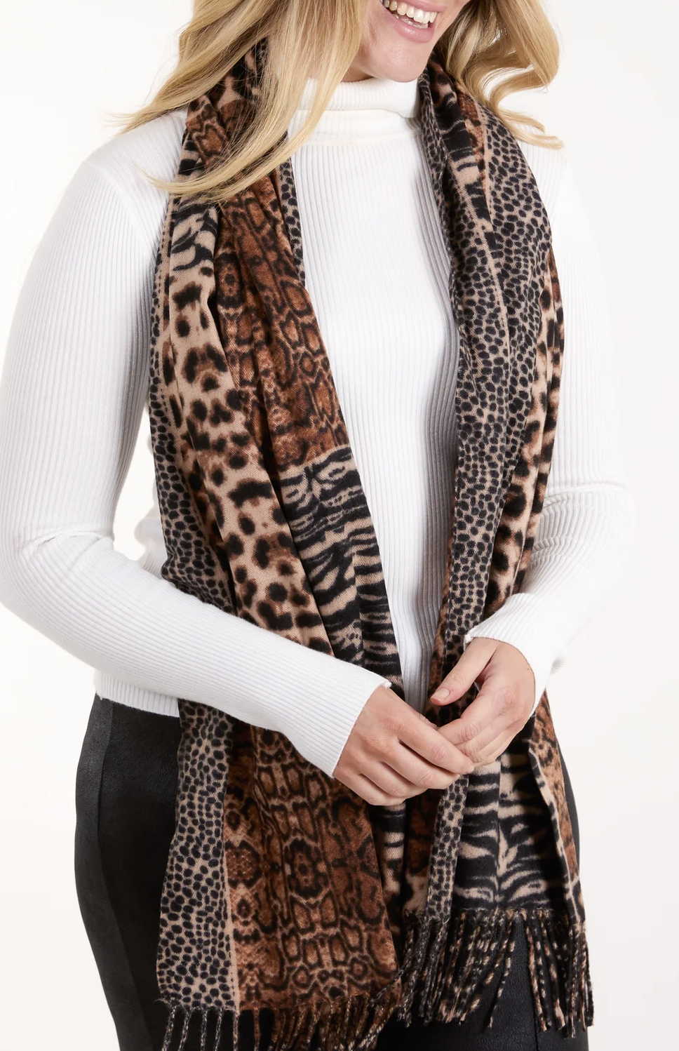 ✨ Mixed Animal Print Fringed Scarf 🐆🤎
