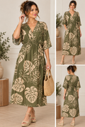 Olive leaf print elasticated waist midi dress with V-neck and relaxed sleeves