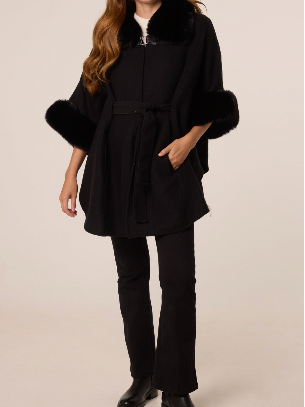 BUCKLE DETAIL FUR TRIMMED CAPE