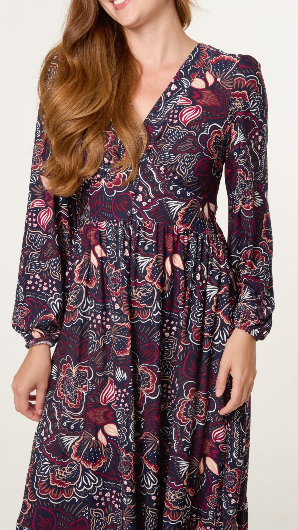 BUTTON FRONT V NECK FLORAL MIDI DRESS