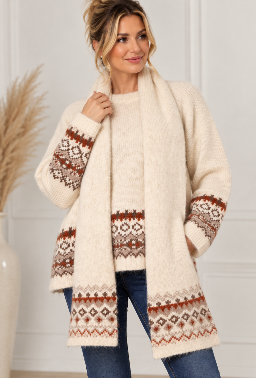 Fair Isle Jumper & Scarf Set – One Size 8–16 🤎✨