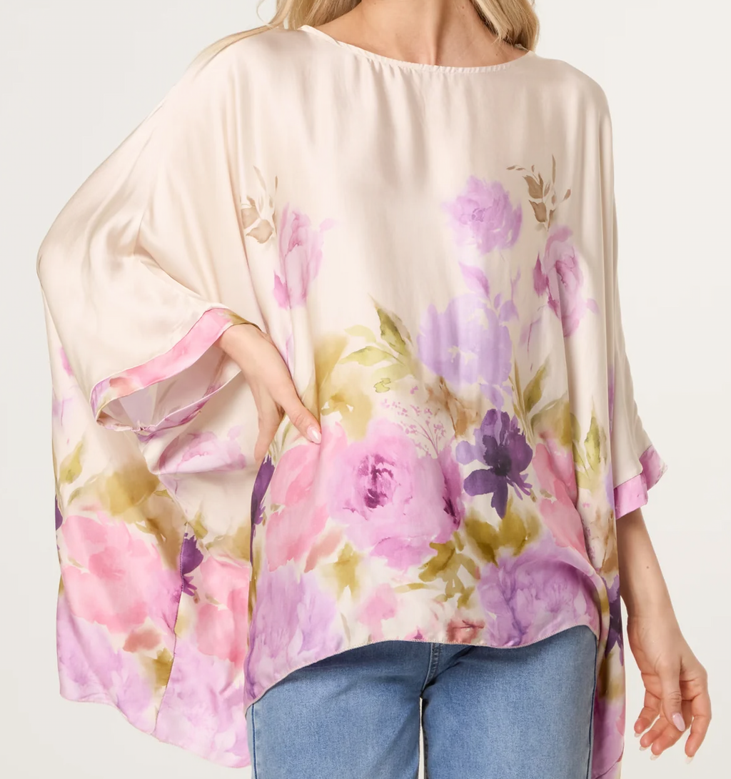 Made in Italy pink lilac floral satin asymmetric blouse with drapey one-size floaty fit