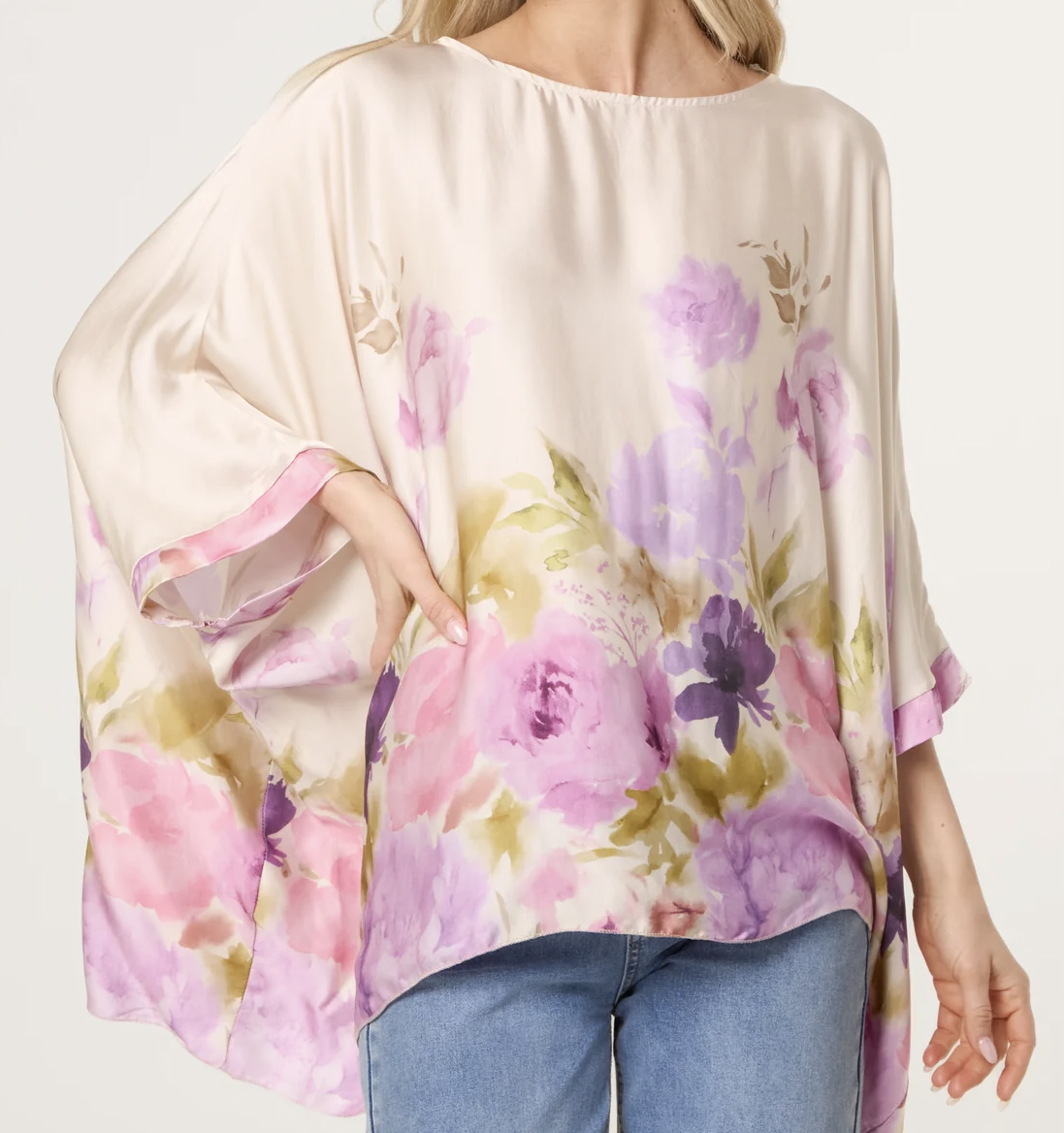 Made in Italy pink lilac floral satin asymmetric blouse with drapey one-size floaty fit