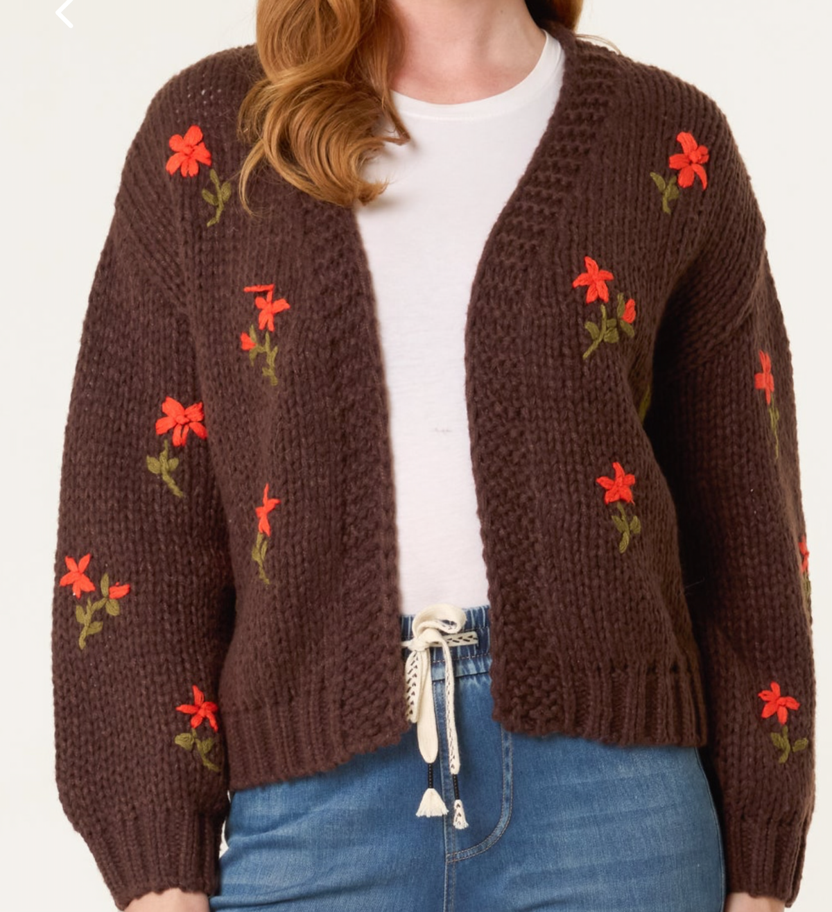Floral Embroidered Chunky Knit Cardigan – Chocolate Brown