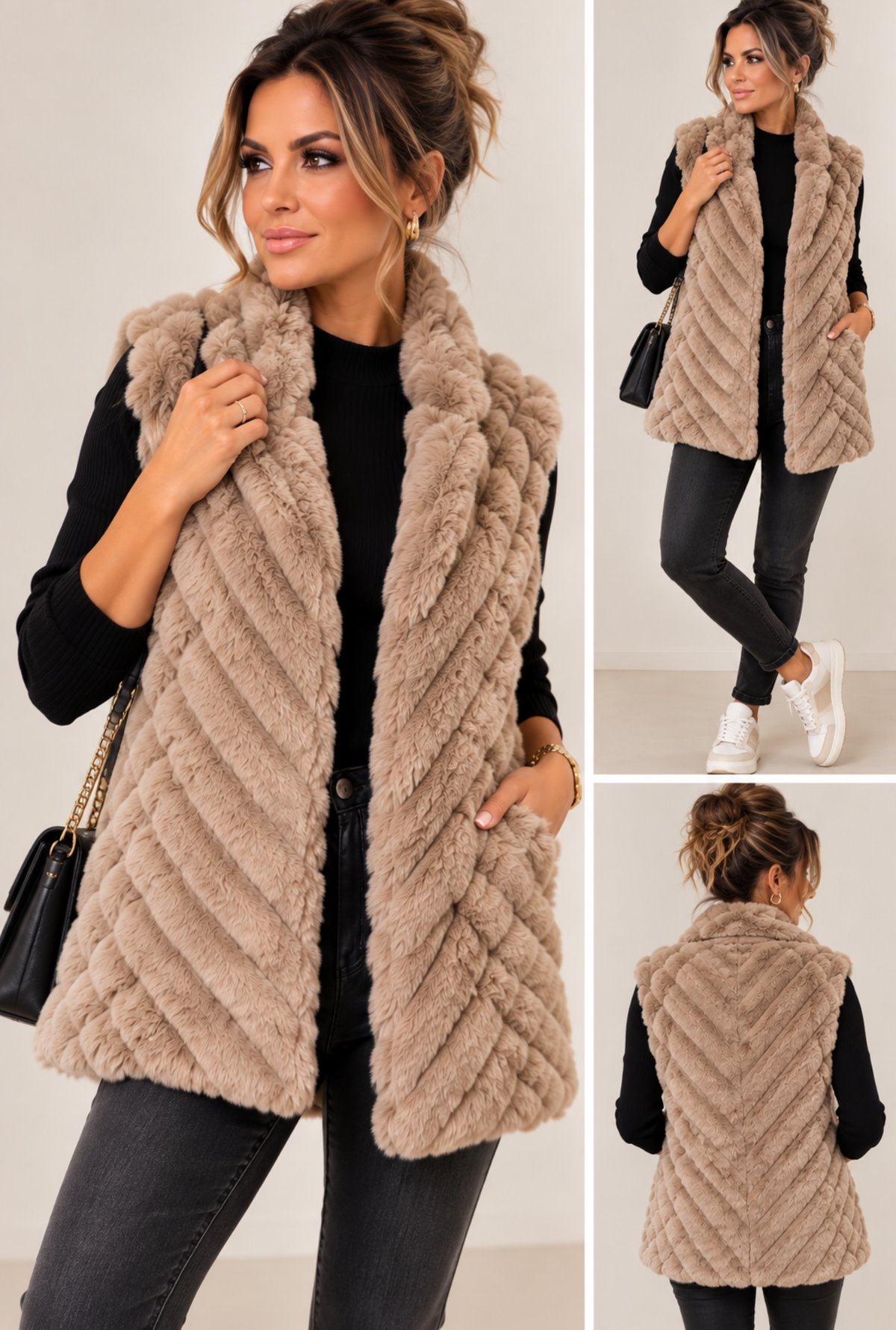 Luxe taupe bamboo-fur gilet with chevron texture and open front, worn with jeans and trainers