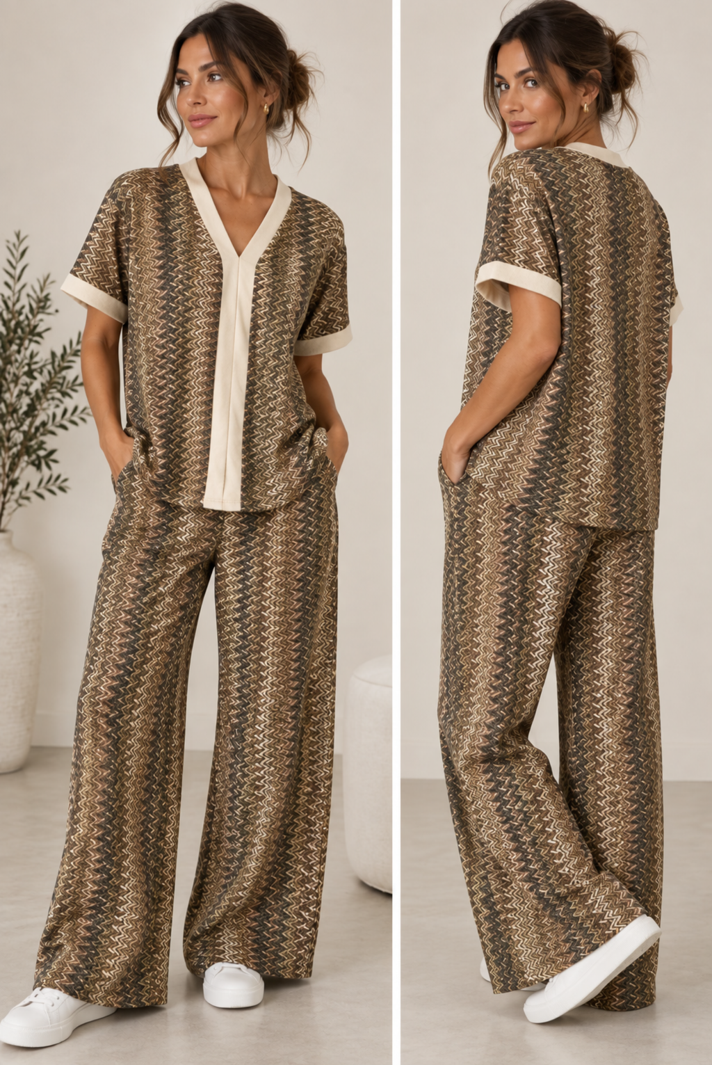 Shimmer zig zag contrast V-neck top and wide-leg trousers co-ord in neutral cream trim