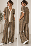 Shimmer zig zag contrast V-neck top and wide-leg trousers co-ord in neutral cream trim