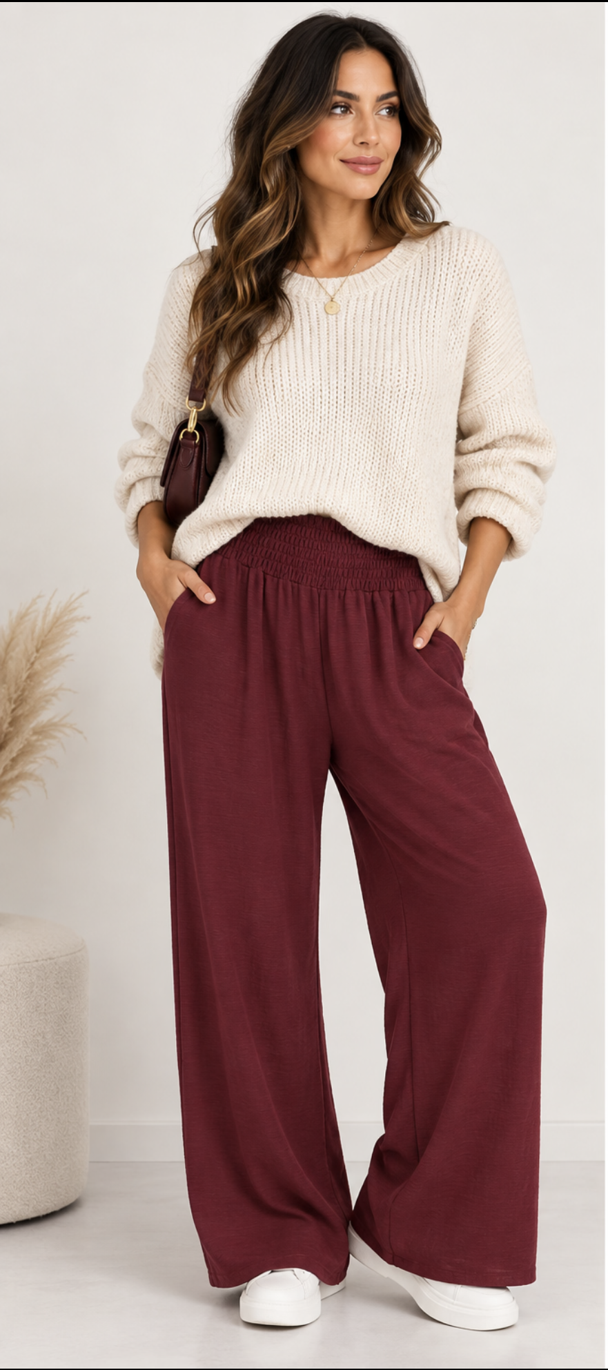 ELASTICATED WAIST POCKETS WIDE LEG TROUSERS