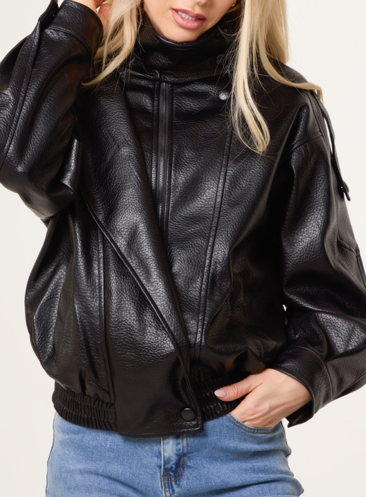 HIGH COLLAR FAUX LEATHER JACKET