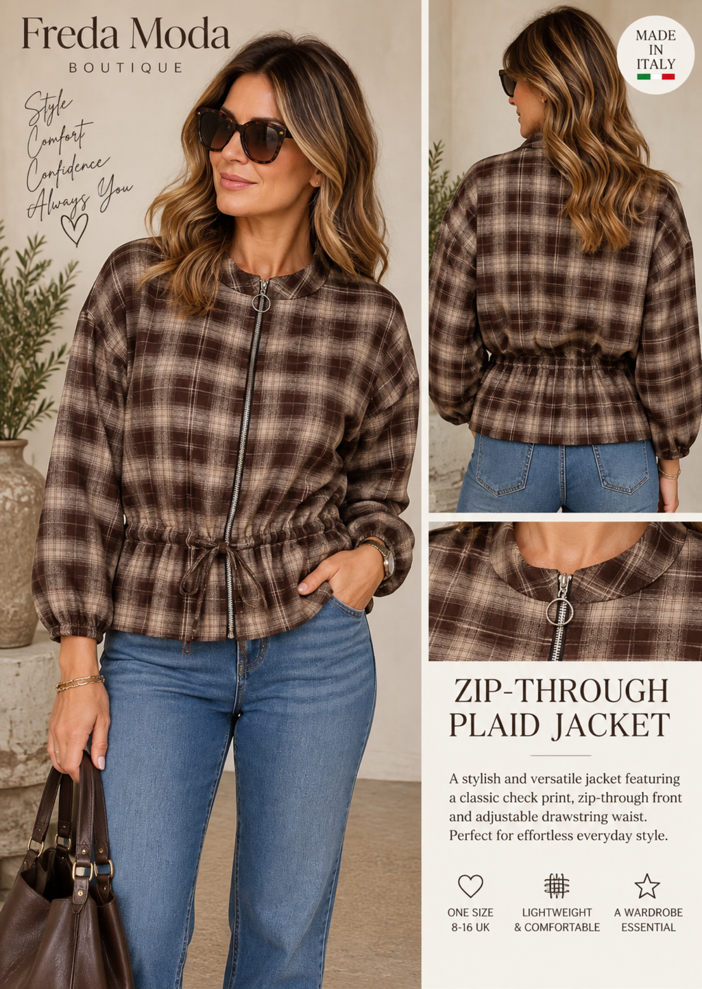 ZIP THROUGH PLAID JACKET