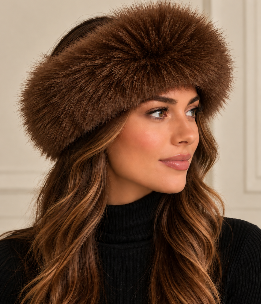 Luxury faux fur head band in berry, black, and brown colors for winter warmth