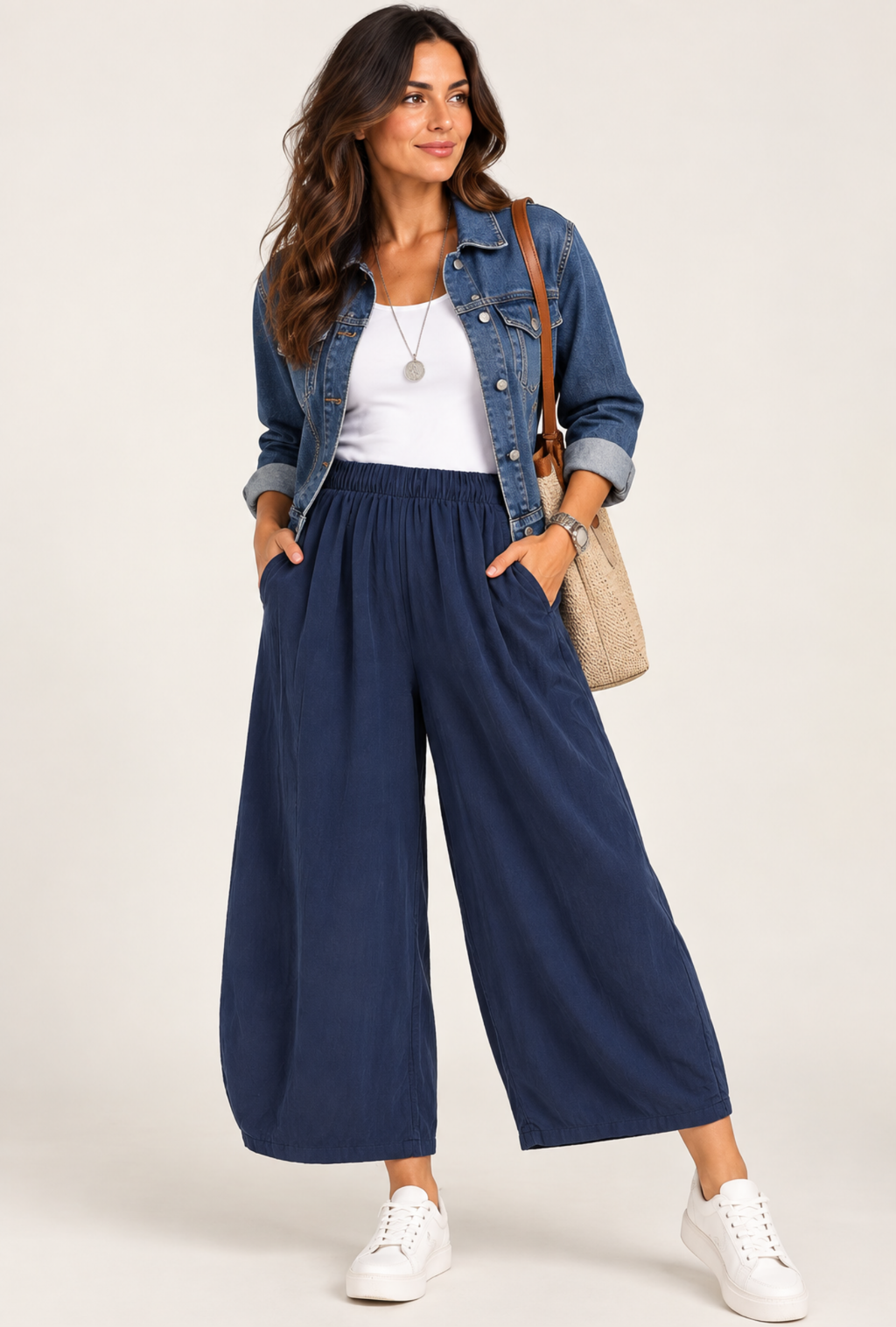Courdroy elasticated waist wide-leg trousers with side pockets in navy or black