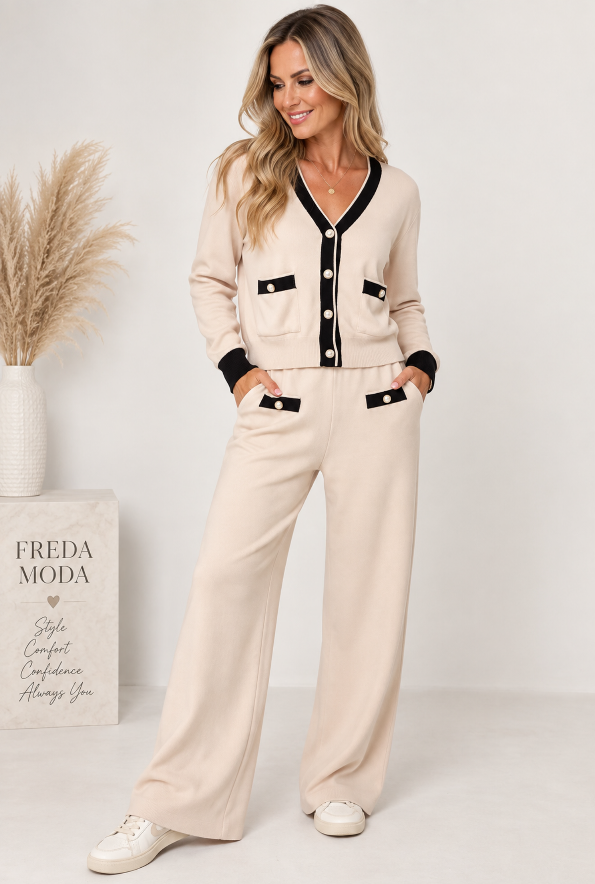 CONTRAST PEARLS CARDIGAN & Trouser Set