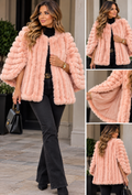 Luxe blush pink bamboo fur cape jacket with suede-feel interior and open cape sleeves